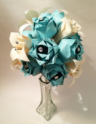 Paper Flower Roses and Lilies- Vase Included, one of a kind origami bouquet, traditional first anniversary gift, paper rose, Valentines Day - image4